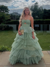 V-Neck Sage Green Tiered Sparkle Tulle Long Prom Dress