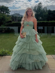 V-Neck Sage Green Tiered Sparkle Tulle Long Prom Dress