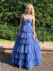 V-Neck Sage Green Tiered Sparkle Tulle Long Prom Dress