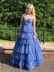 V-Neck Sage Green Tiered Sparkle Tulle Long Prom Dress