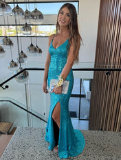 V-Neck Spaghetti Strap Sequin Long Prom Dress with Slit