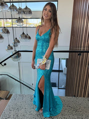 V-Neck Spaghetti Strap Sequin Long Prom Dress with Slit