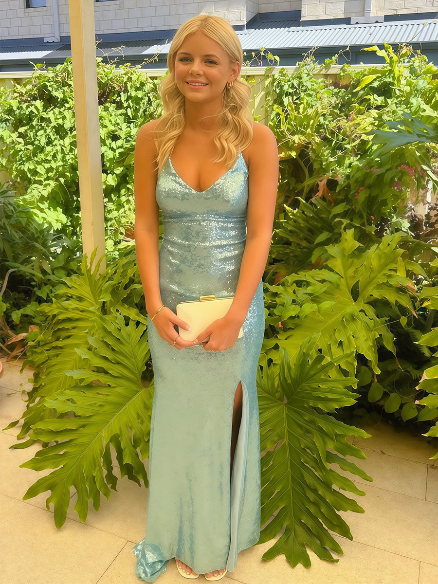 V-Neck Spaghetti Strap Sequin Long Prom Dress with Slit