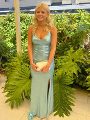 V-Neck Spaghetti Strap Sequin Long Prom Dress with Slit