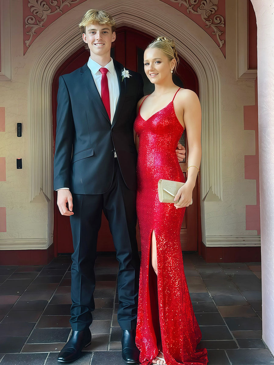 V-Neck Spaghetti Strap Sequin Long Prom Dress with Slit