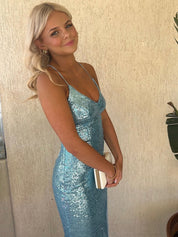 V-Neck Spaghetti Strap Sequin Long Prom Dress with Slit