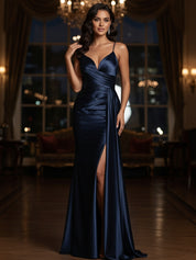 V-Neck Spaghetti Straps Satin Long Prom Dress