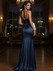 V-Neck Spaghetti Straps Satin Long Prom Dress