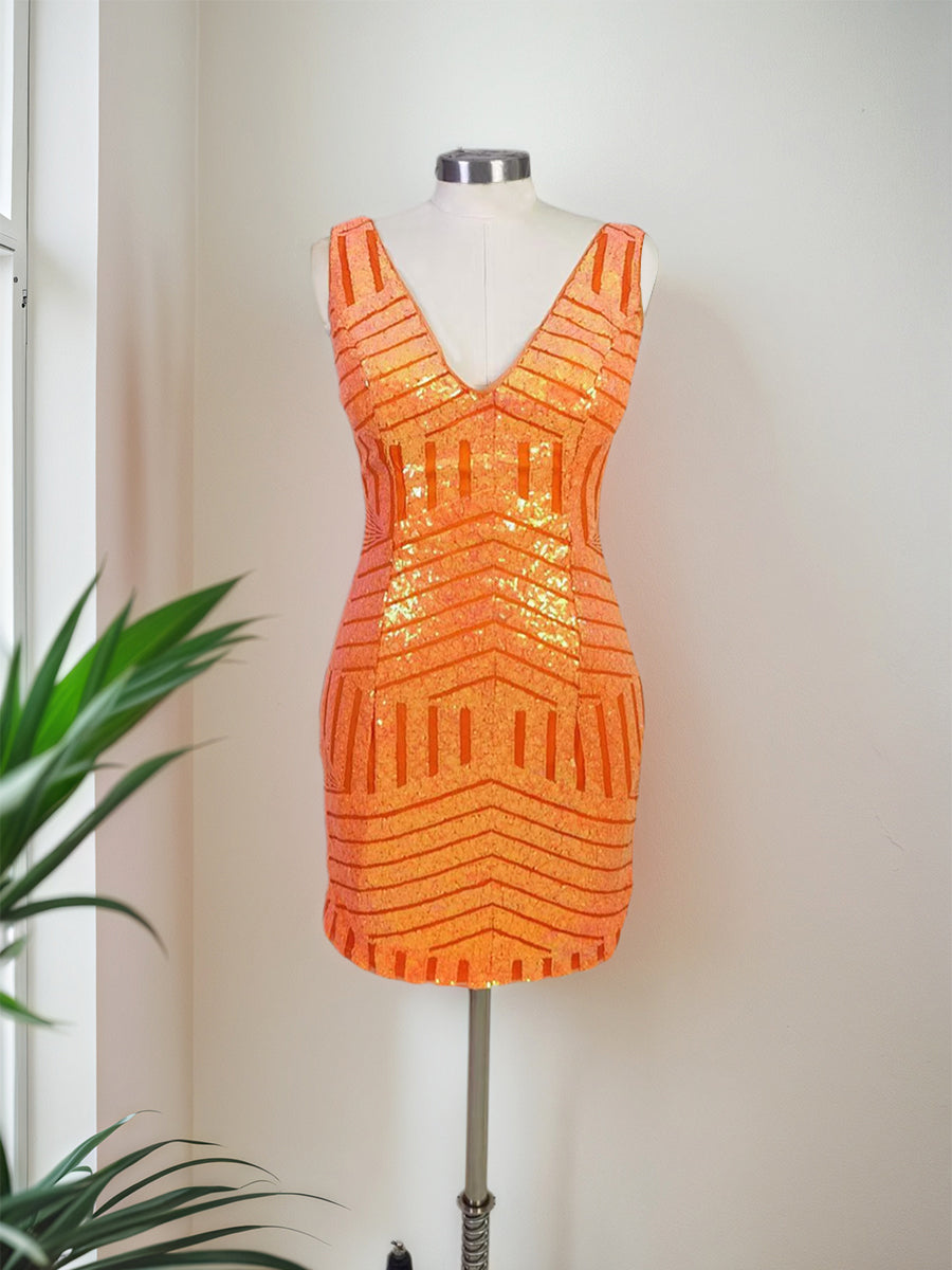 V-Neck Sequins Mesh Sleeveless Short Homecoming Dress