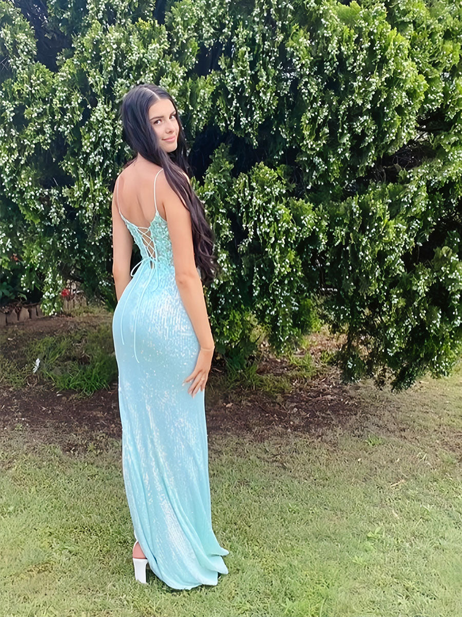 V-Neck Spaghetti Strap Long Porm Dress with Side Slit