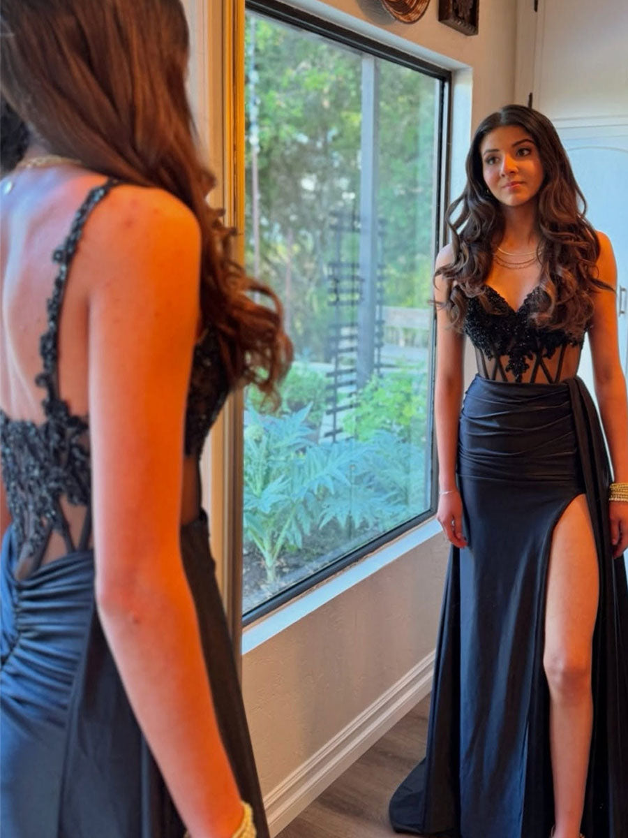 V-Neck Sequin Appliques Long Prom Dress with Slit