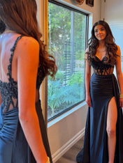 V-Neck Sequin Appliques Long Prom Dress with Slit
