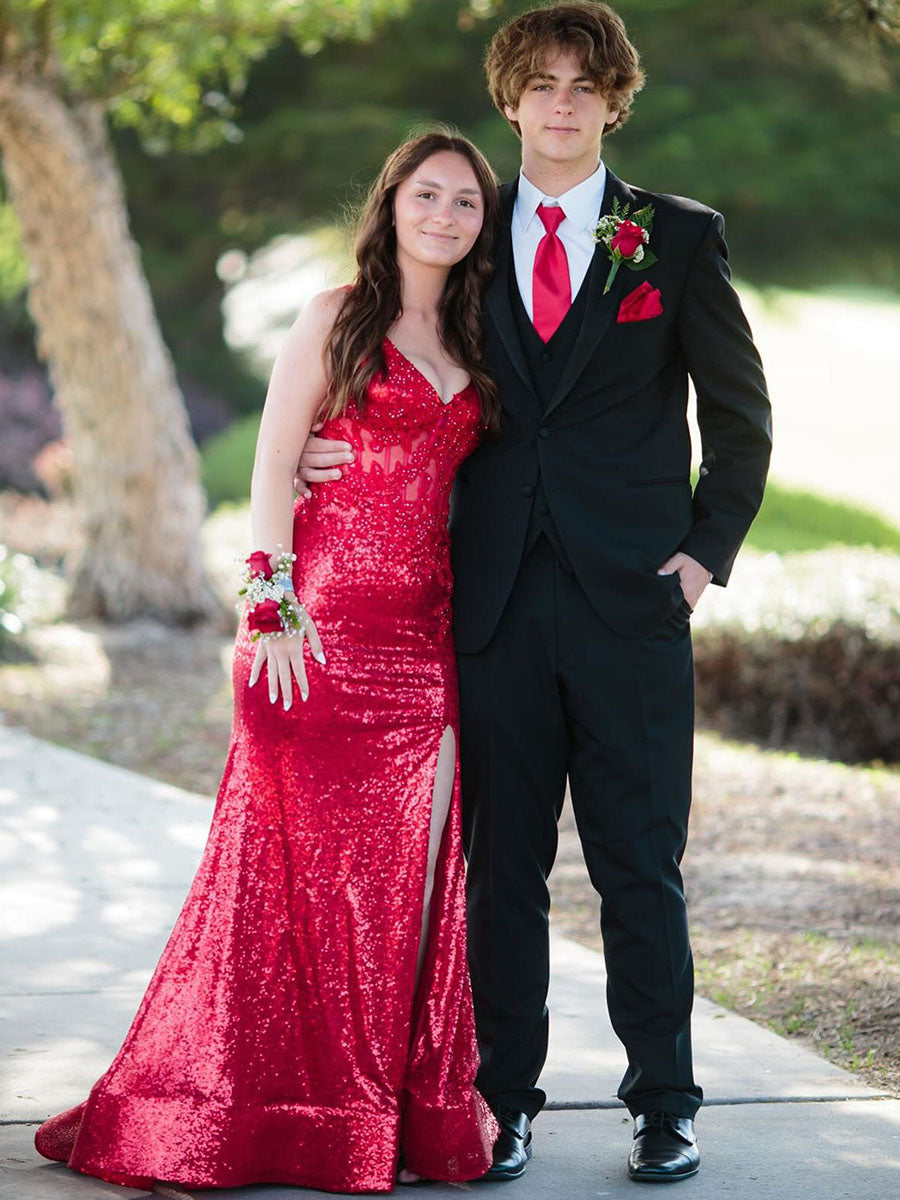 V-Neck Sequin Appliques Long Prom Dress with Slit