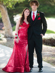 V-Neck Sequin Appliques Long Prom Dress with Slit