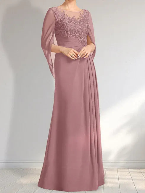 A-line Scoop Illusion Floor-Length Lace Chiffon Mother of the Bride Dress With Pleated Sequins