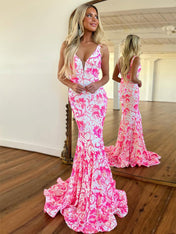 V Neck Sequin Lace Mermaid Long Prom Dress