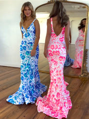 V Neck Sequin Lace Mermaid Long Prom Dress