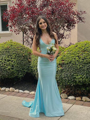 V Neck Mermaid Satin Long Prom Dress with Side Cutouts
