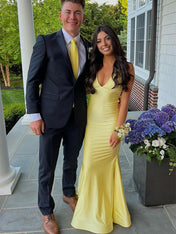 V Neck Mermaid Satin Long Prom Dress with Side Cutouts