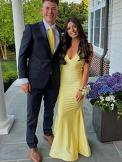 V Neck Mermaid Satin Long Prom Dress with Side Cutouts