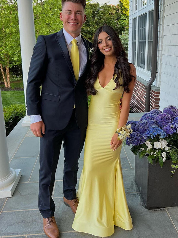 V Neck Mermaid Satin Long Prom Dress with Side Cutouts