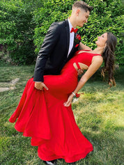 V Neck Mermaid Satin Long Prom Dress with Side Cutouts