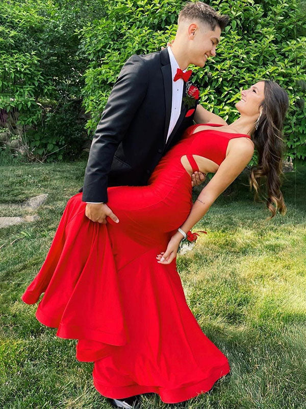 V Neck Mermaid Satin Long Prom Dress with Side Cutouts