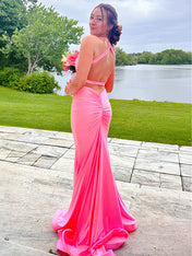 V Neck Mermaid Satin Long Prom Dress with Side Cutouts