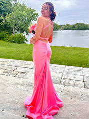 V Neck Mermaid Satin Long Prom Dress with Side Cutouts