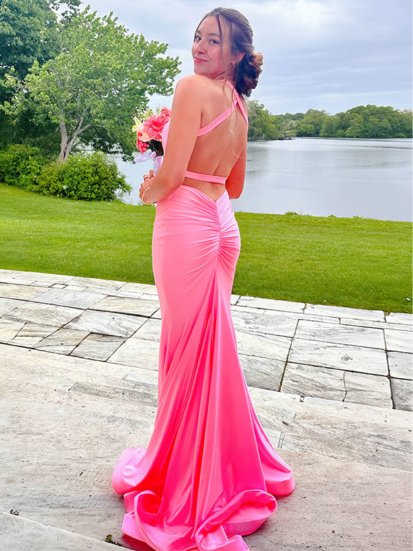 V Neck Mermaid Satin Long Prom Dress with Side Cutouts