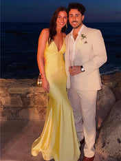 V Neck Mermaid Satin Long Prom Dress with Side Cutouts