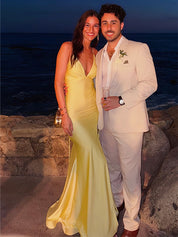 V Neck Mermaid Satin Long Prom Dress with Side Cutouts