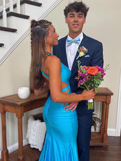 V Neck Mermaid Satin Long Prom Dress with Side Cutouts