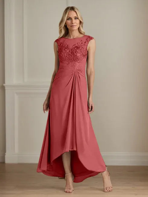 Champagne A-Line Scoop Lace Chiffon Dress