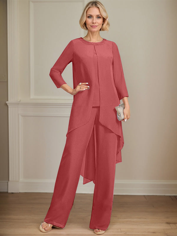 Separates Jumpsuit/Pantsuit Scoop Floor-Length Chiffon Mother of the Bride Dress With Sequins Beading