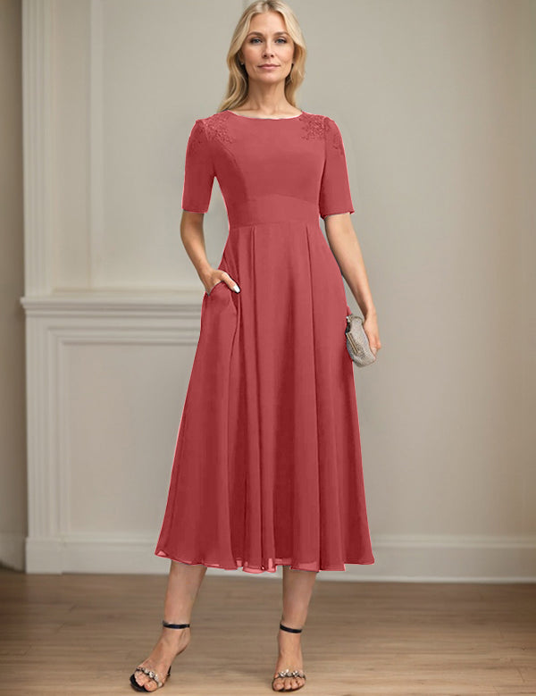 A-line Scoop Tea-Length Chiffon Mother of the Bride Dress With Appliques Lace Sequins