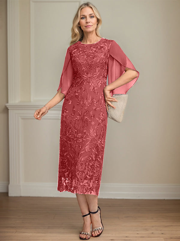 Column Scoop Tea-Length Lace Chiffon Mother of the Bride Dress