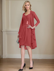 Sheath/Column Sweetheart Knee-Length Chiffon Mother of the Bride Dress With Beading Appliques Lace Sequins Pleated