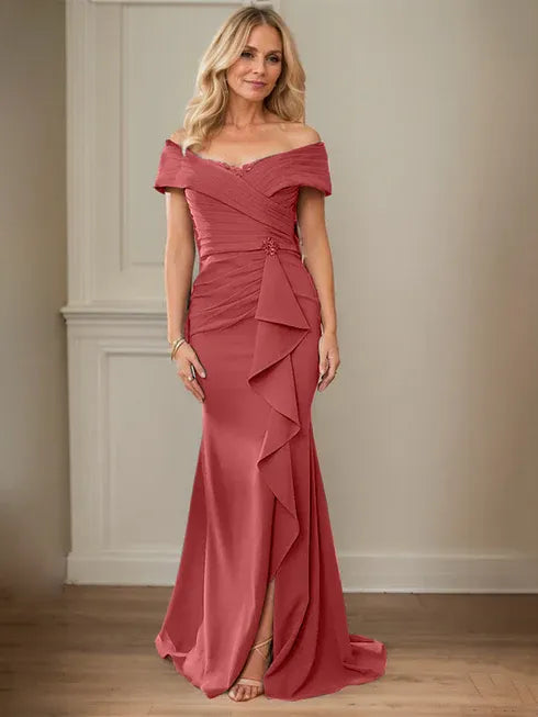 Column V-Neck Illusion Floor-Length Lace Chiffon Mother of the Bride Dress With Pleated Sequins