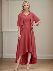 A-line V-Neck Asymmetrical Chiffon Mother of the Bride Dress With Beading Sequins