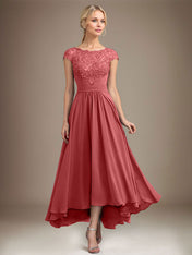 A-line Scoop Illusion Asymmetrical Lace Chiffon Mother of the Bride Dress With Pleated
