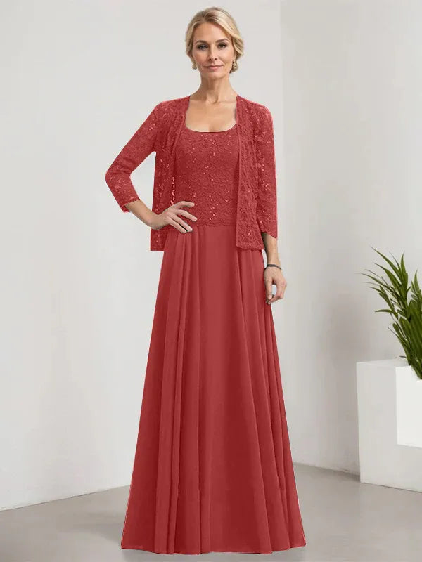 Robe de mère de la mariée trapèze carrée, longueur au sol, en mousseline de soie et dentelle, avec paillettes 