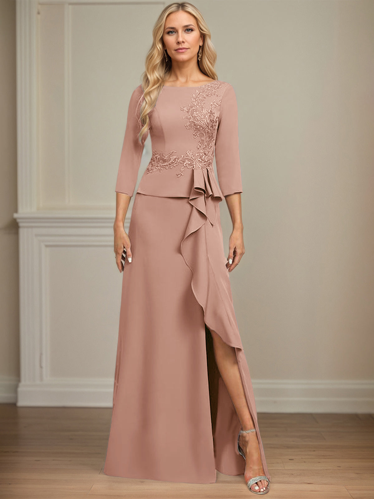 Column Scoop Floor-Length Stretch Crepe Dress With Cascading Ruffles Appliques
