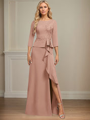 Sheath/Column Scoop Floor-Length Stretch Crepe Dress With Cascading Ruffles Appliques