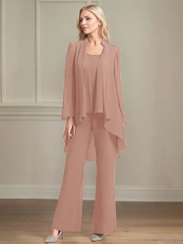 Chiffon Scoop Neck Long Sleeves Floor Length Mother Of The Bride Pantsuits