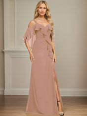 Sheath/Column Cold Shoulder V-Neck Floor-Length Chiffon Dress With Cascading Ruffles Sequins Beading