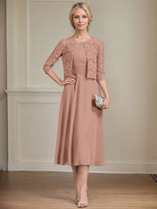 A-line Scoop Tea-Length Chiffon Mother of the Bride Dress With Pleated