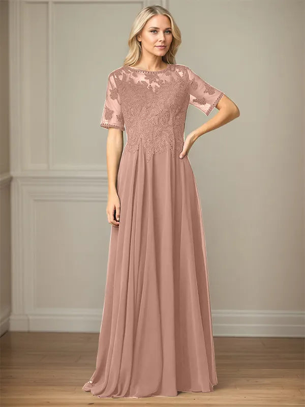 A Line Chiffon Scoop Neck Short Sleeves Floor Length Mother of the Bride Dresses