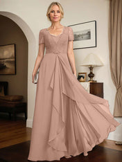 A-line Sweetheart Floor-Length Chiffon Lace Mother of the Bride Dress With Beading Cascading Ruffles