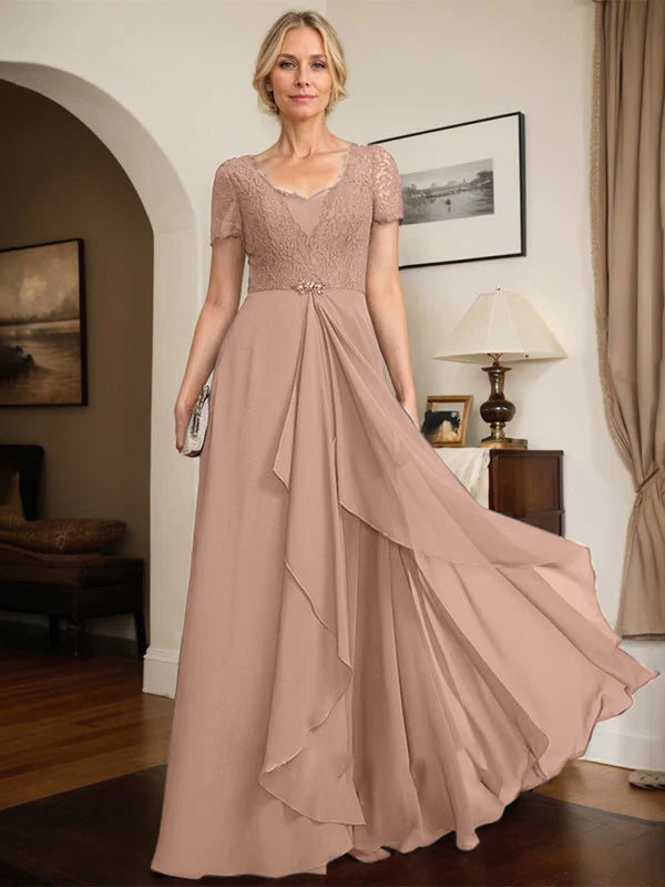 A-line Sweetheart Floor-Length Chiffon Lace Mother of the Bride Dress With Beading Cascading Ruffles